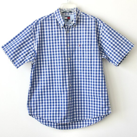 Tommy Hilfiger 100% Cotton Blue Plaid Button-Down Dress Shirt Short-Sleeve Large - Picture 1 of 6